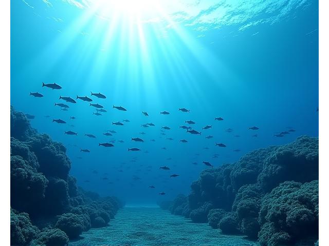 透明な海中の人工魚礁の周りを魚群が泳いでいる様子、海底には詳細なバスバイオマッピングデータがある