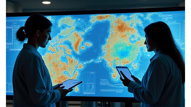 研究室で海洋学者と学生が、歴史データと現代の衛星画像を比較分析している様子。スクリーンのグラフは漁獲量の推移を示す