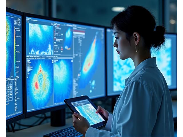 研究所のような場所で、技術者が取得した測深データをPC上で解析し、品質検証を行っている。